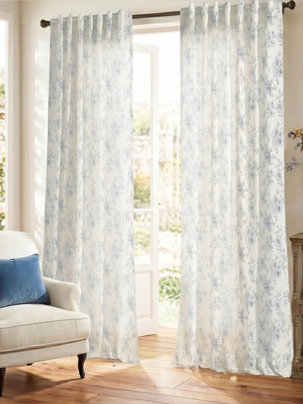 Blue and white floral floor length curtains (set of 2)